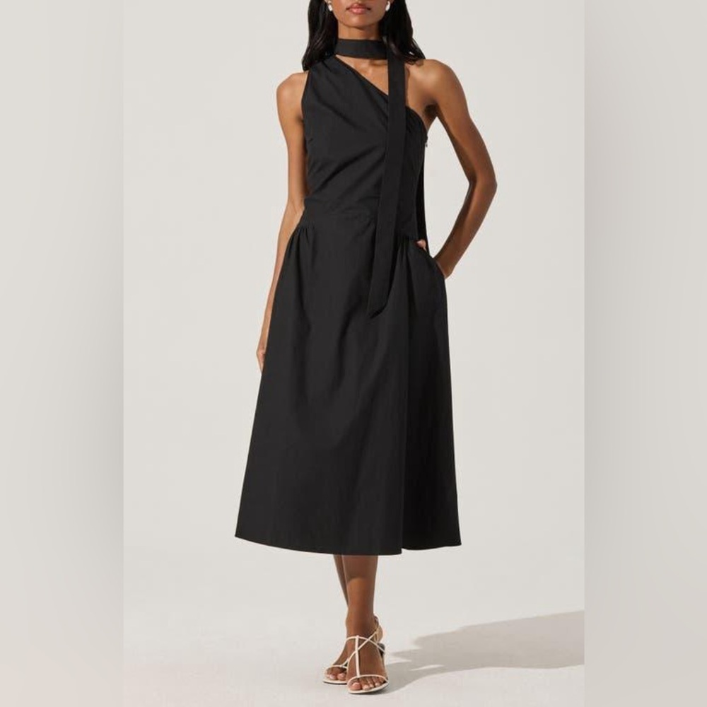 ASTR The Label Midi Dress Womens‎ L Black One Shoulder Drop Waist LBD Party